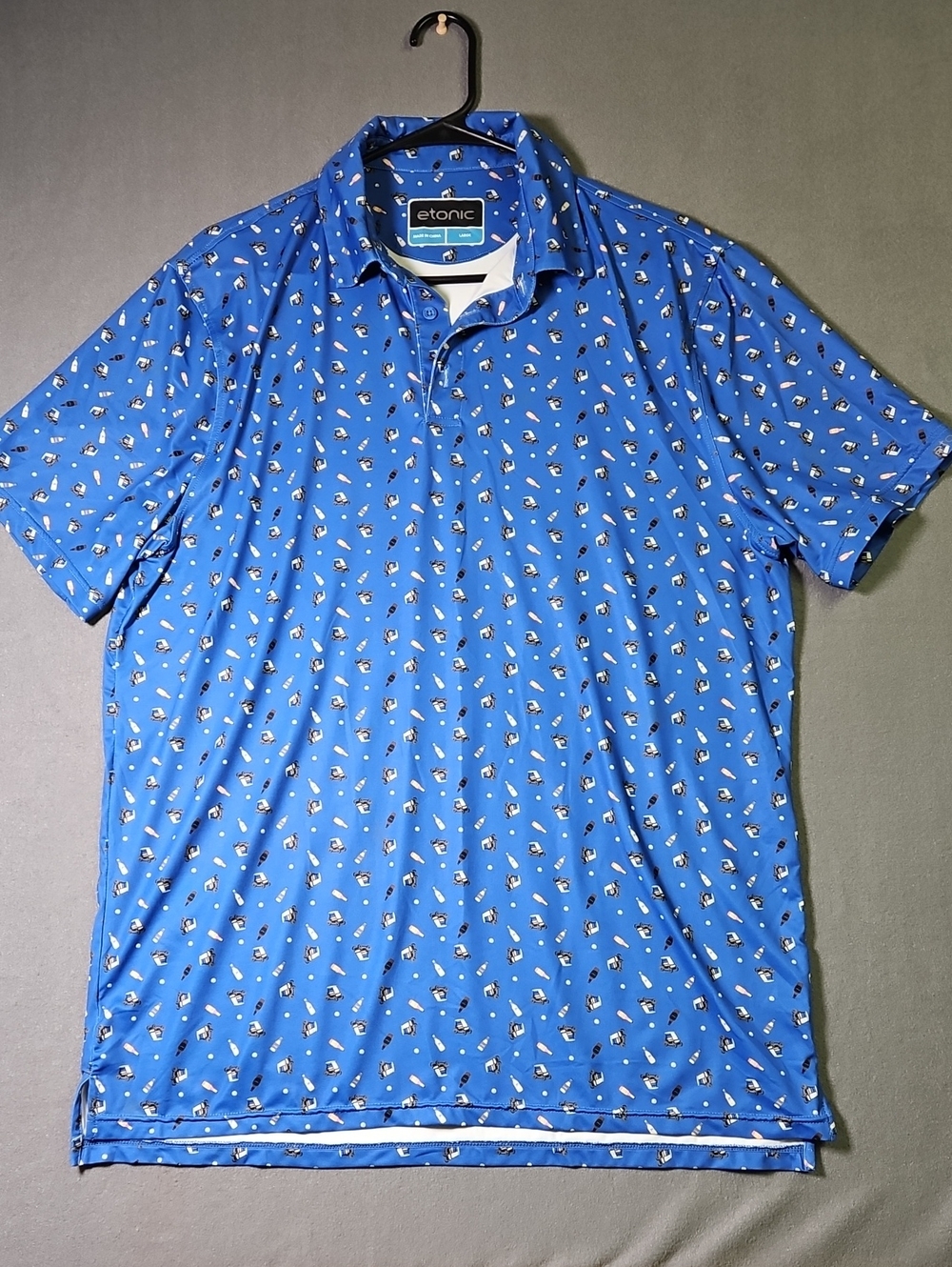 Etonic Golf Polo Shirt Men's L Blue Novelty Print Carts Balls Bottles